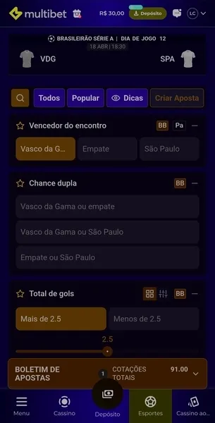 P&aacute;gina com os mercados dispon&iacute;veis com o Bet Builder da Multibet
