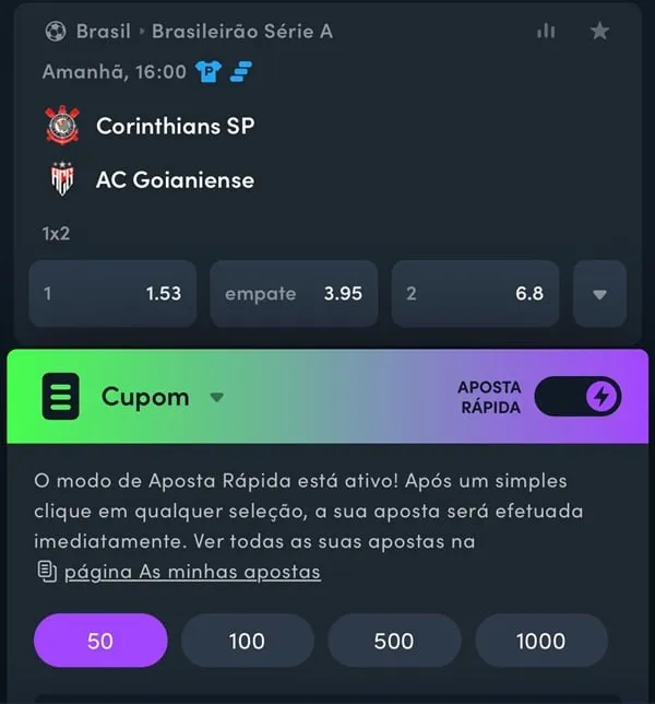 Captura de tela da plataforma de apostas Jonbet Brasil e o seu recurso de aposta r&aacute;pida ativado