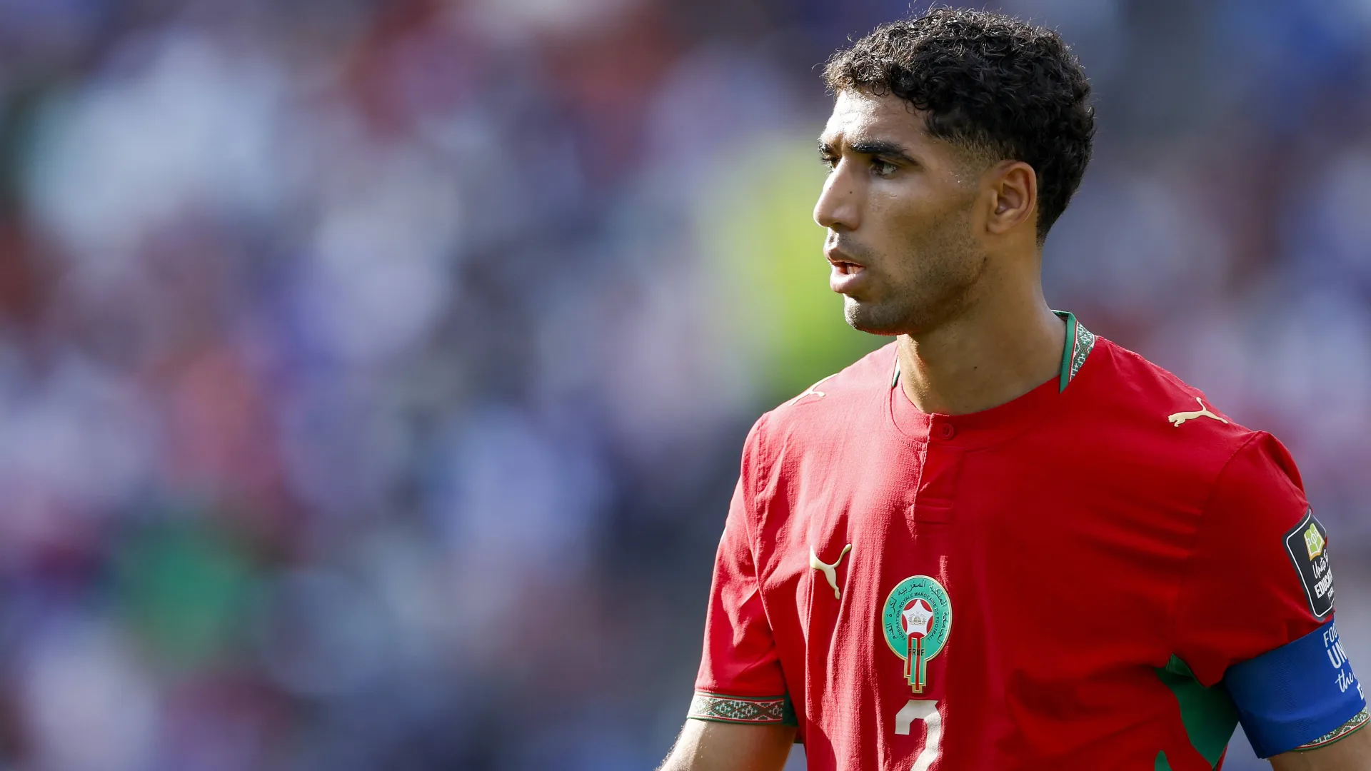 Achraf Hakimi, lateral-direito do Marrocos, durante a partida das quartas de final da Copa do Mundo 2026 entre Fran&ccedil;a e Marrocos, no Boston Stadium, em Foxborough, nos Estados Unidos, em 9 de julho de 2026.