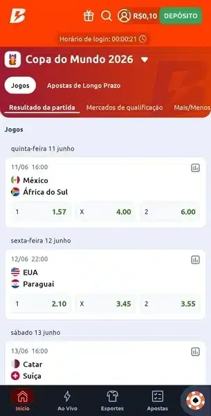 Captura de tela da p&aacute;gina inicial de apostas da Copa do Mundo de 2026 na Betano