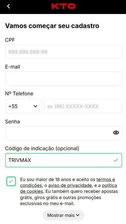 C&oacute;digo de indica&ccedil;&atilde;o KTO Maio 2026: use TRIVMAX