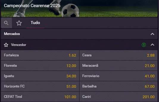 Captura de tela das op&ccedil;&otilde;es de apostas de longo prazo na Vbet para o Campeonato Cearense