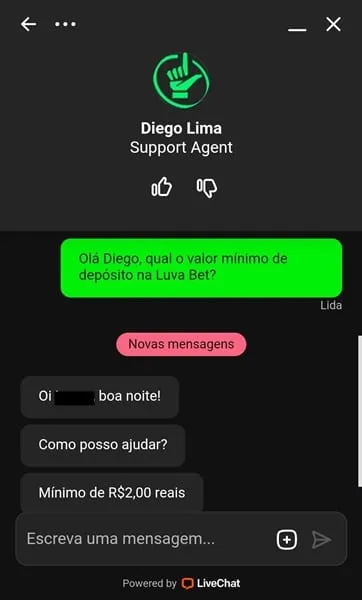 Captura de tela de uma conversa no chat ao vivo da Luva Bet