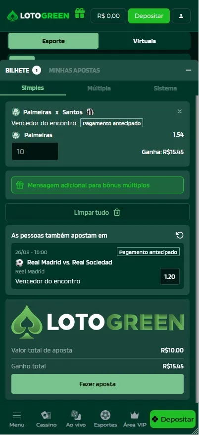 Bilhete de aposta Lotogreen com Palmeiras vencedor a odd 1.54 e pagamento antecipado ativado
