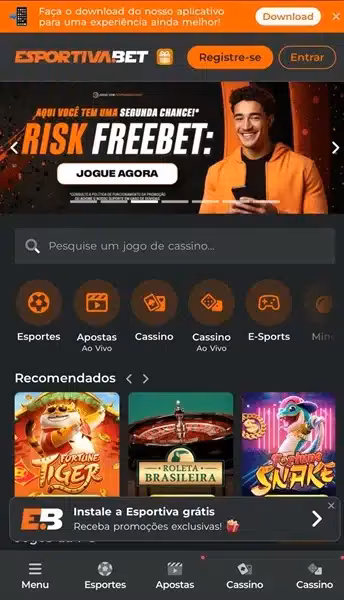 P&aacute;gina inicial do cassino online da Esportiva Bet com jogos recomendados e filtros r&aacute;pidos de busca