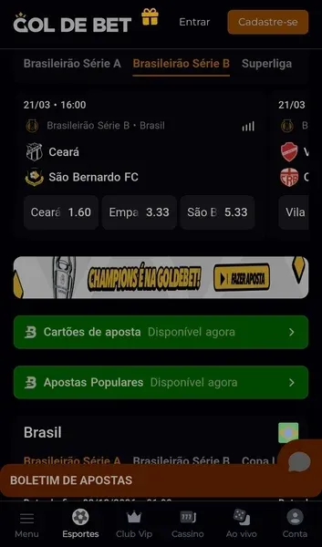 P&aacute;gina da Goldebet com apostas em jogos da S&eacute;rie B
