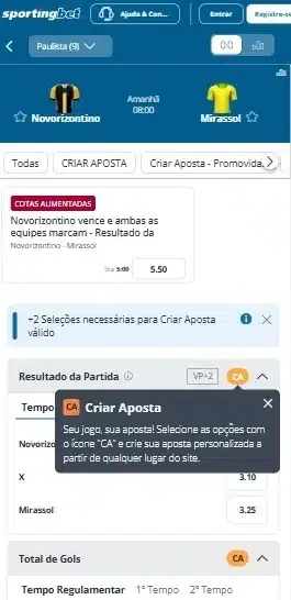 Captura de tela da p&aacute;gina de uma partida de futebol no Sportingbet com mercados de Criar Aposta