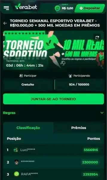 Torneio semanal esportivo que fica dispon&iacute;vel para jogadores da Vera Bet