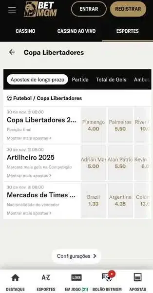 Captura de tela com a p&aacute;gina inicial da Libertadores na BetMGM