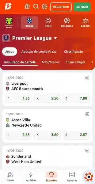 Captura de tela dos jogos da Premier League na Betano