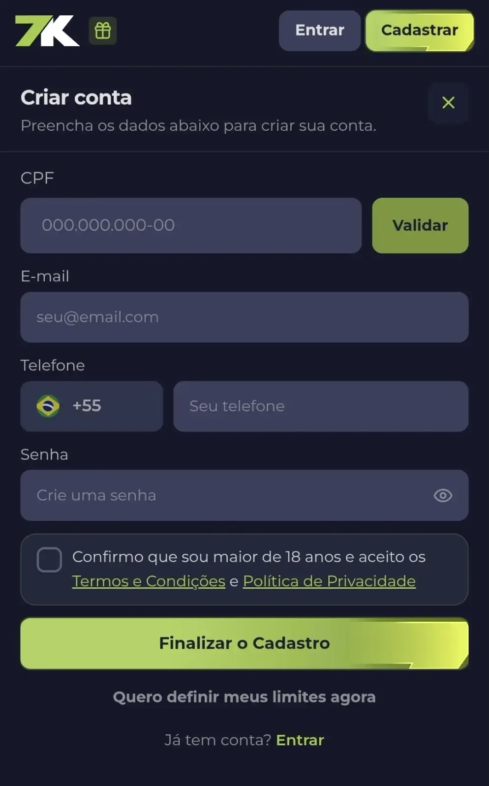 Captura de tela da p&aacute;gina de registro na Bet7k mostrando todos os campos para abrir uma nova conta.