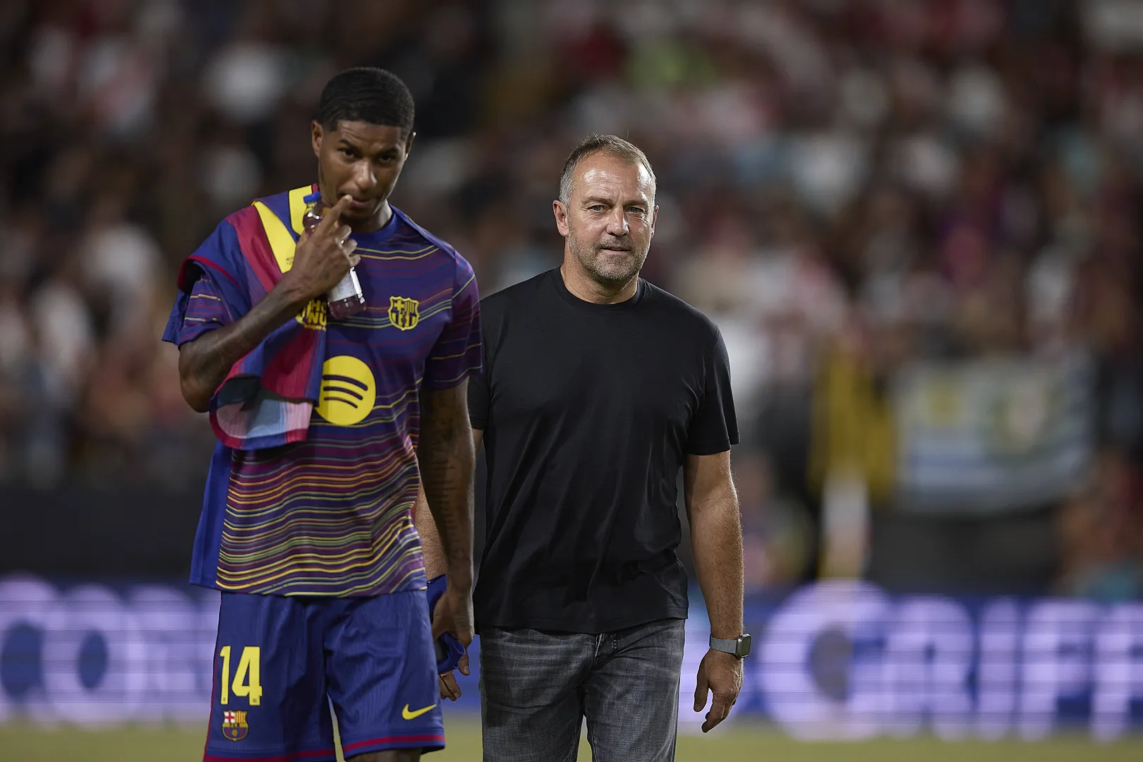 Rashford e Flick ap&oacute;s partida do Barcelona