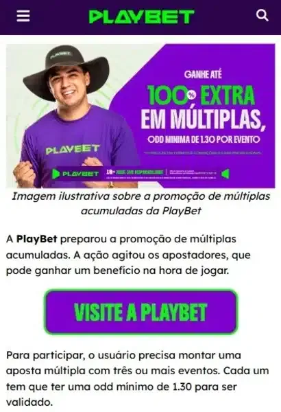Promo&ccedil;&atilde;o de b&ocirc;nus de at&eacute; 100% em apostas m&uacute;ltiplas feitas na Play Bet