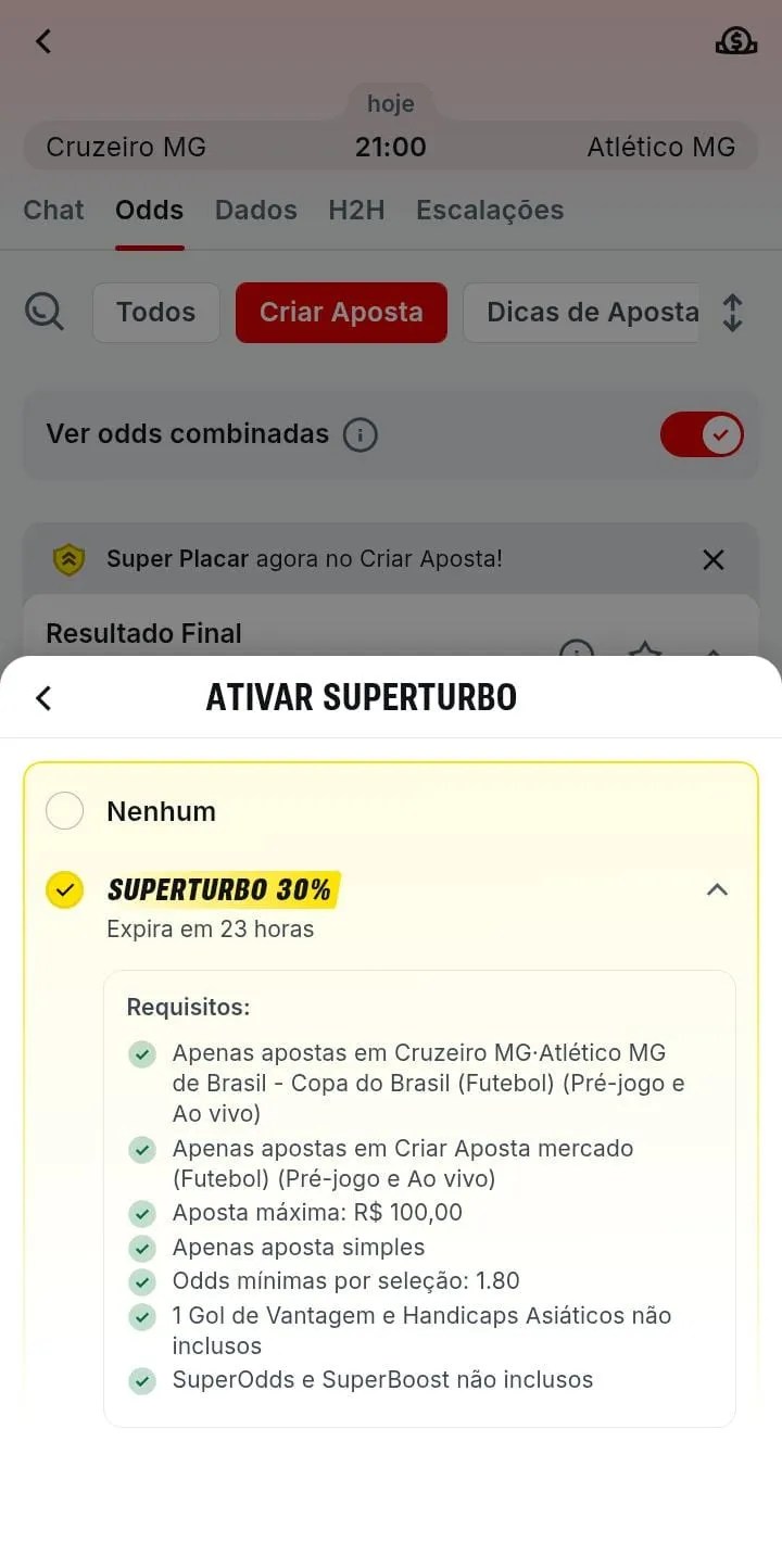Superturbo de 30% para o jogo entre Cruzeiro e Atl&eacute;tico Mineiro na Superbet
