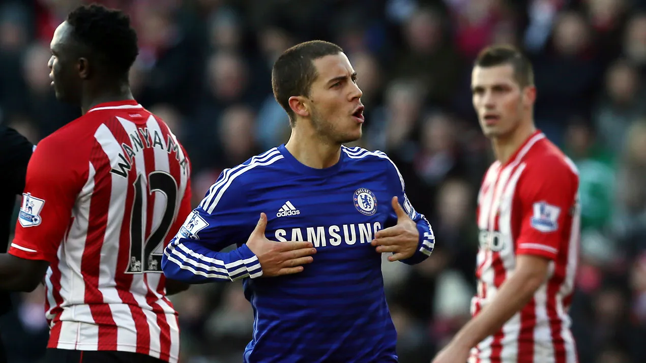 Eden Hazard comemora o seu gol contra o Southampton (AP Photo/Tim Ireland)