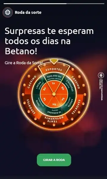 Captura de tela com o b&ocirc;nus &ldquo;Roda da Sorte&rdquo;, da Betano
