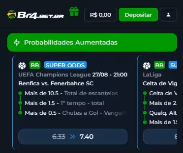 Plataforma Br4bet tem Super Odds, que s&atilde;o identificadas por um selo azul