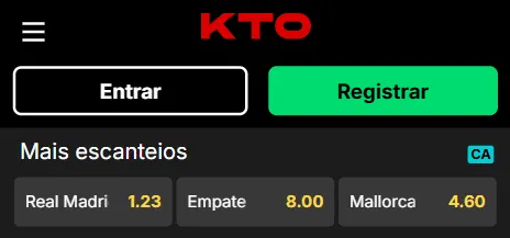 Captura de tela da Aposta 1x2 em escanteios na KTO.