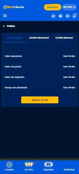 Captura de tela da se&ccedil;&atilde;o de limites di&aacute;rios da Bet d&aacute; Sorte