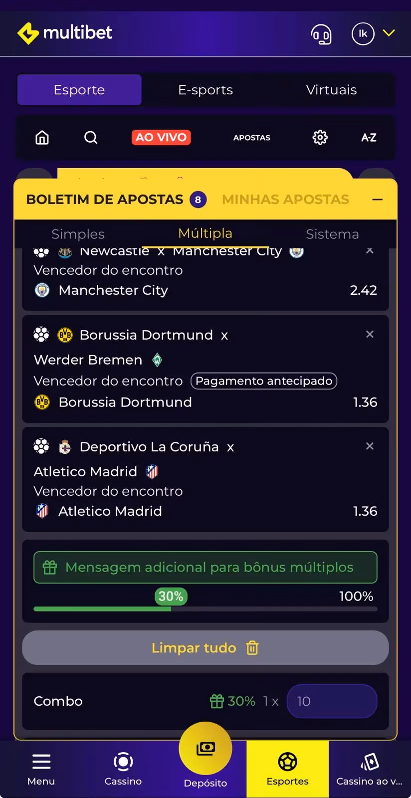 Boletim de aposta m&uacute;ltipla com b&ocirc;nus progressivo na vers&atilde;o mobile da Multibet