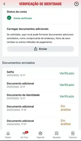 Captura de tela com informa&ccedil;&otilde;es sobre a verifica&ccedil;&atilde;o de identidade na Superbet