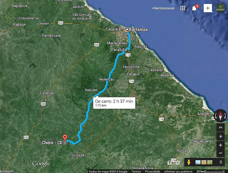 Dist&acirc;ncia de Fortaleza a Cafund&oacute; e Escondido, em Chor&oacute;: 215 km. Fonte: Google Maps