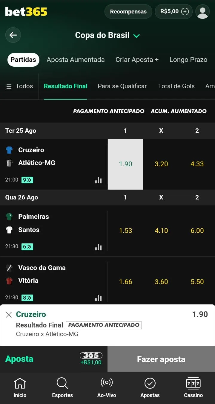 Cupom de aposta da Bet365 para o jogo Cruzeiro x Atl&eacute;tico-MG
