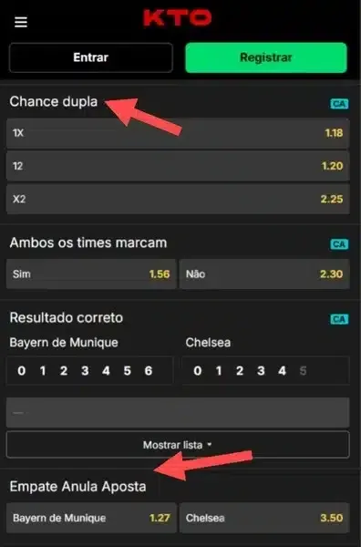 Captura de tela da p&aacute;gina de mercados de resultado final na KTO