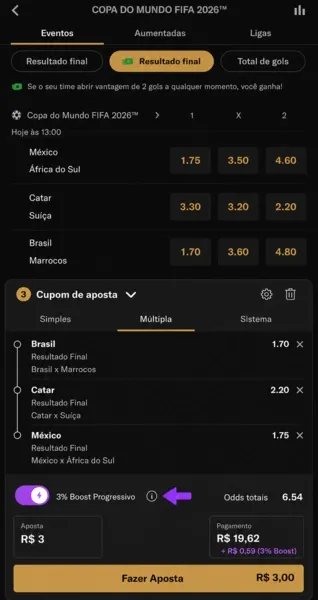 Cupom de aposta com 3 sele&ccedil;&otilde;es e a disponibilidade do Boost Progressivo na BetMGM
