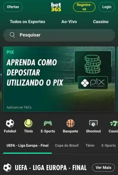 Captura de tela da primeira p&aacute;gina da Bet365 Brasil, uma das plataformas com pagamento antecipado de 2 gols