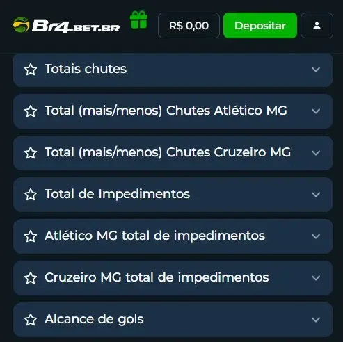 Plataforma Br4bet tem quase 200 mercados em jogos relevantes.