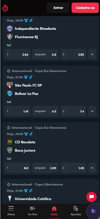 Casa de apostas Blaze com lista de eventos esportivos ao vivo e odds dispon&iacute;veis para futebol e Copa Sul-Americana