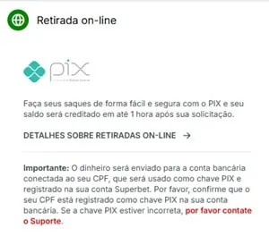 Captura de tela de saque por Pix na Superbet