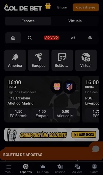 Captura de tela da p&aacute;gina inicial do cat&aacute;logo esportivo da Gol de Bet
