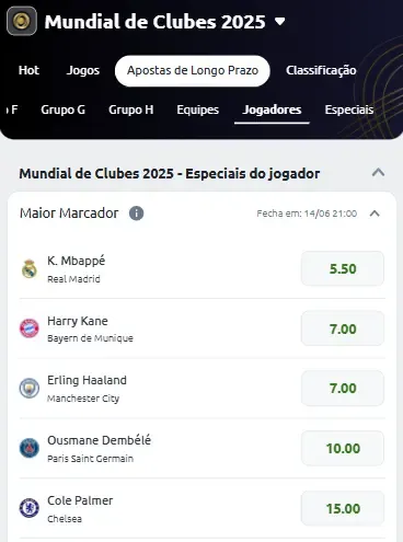 Captura de tela das especiais de jogador nas apostas no Mundial Betano