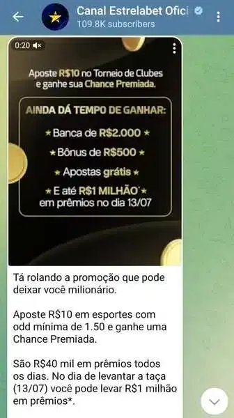 Captura de tela do grupo no Telegram da Estrela Bet