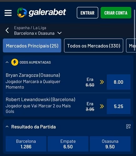 Captura de tela das odds aumentadas para jogo do Barcelona na Galera Bet
