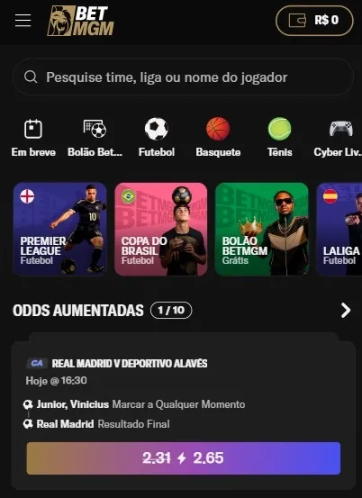Captura de tela com a p&aacute;gina inicial da BetMGM