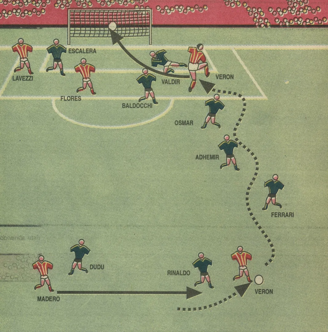 A arte com o gola&ccedil;o de Ver&oacute;n contra o Palmeiras na final da Libertadores de 1969