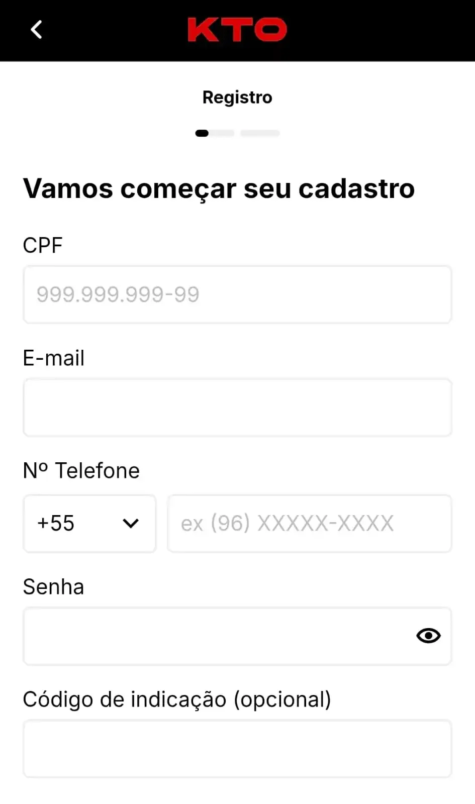 Captura de tela do formul&aacute;rio de cadastro na KTO com os campos para preencher os dados pessoais.