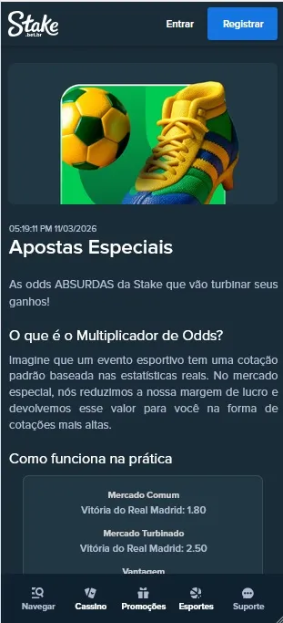 Multiplicador de Odds da Stake com explica&ccedil;&atilde;o do recurso e comparativo entre mercado comum e mercado turbinado
