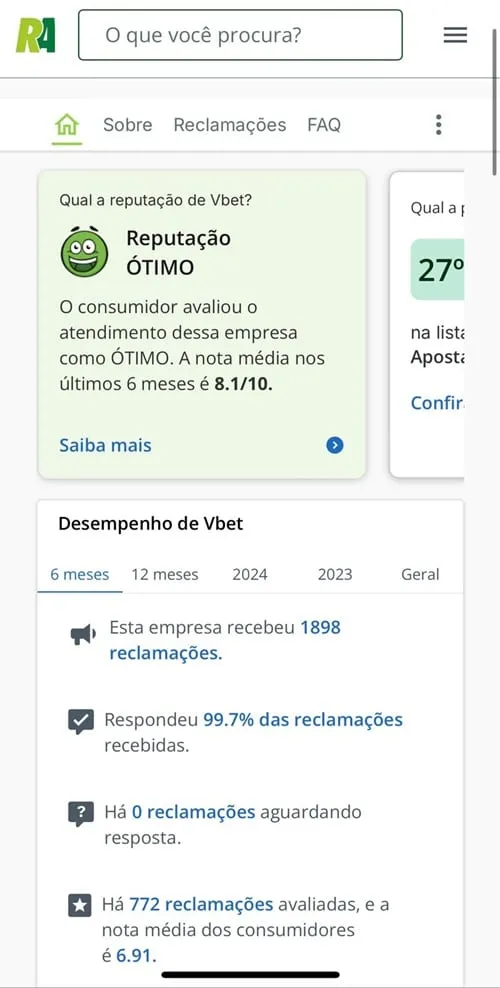 Captura de tela com a reputa&ccedil;&atilde;o e n&uacute;meros da Vbet no Reclame Aqui