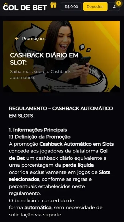 P&aacute;gina promocional do b&ocirc;nus de cashback da Goldebet, com reembolsos de at&eacute; R$5.000 por dia