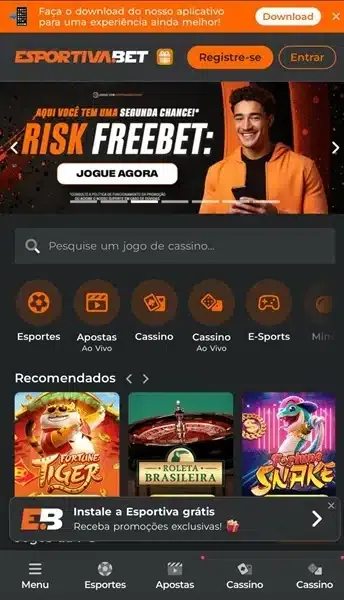 P&aacute;gina inicial do cassino online da Esportiva Bet com jogos recomendados e filtros r&aacute;pidos de busca