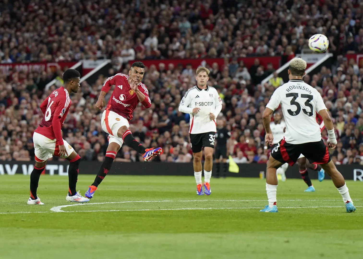 Manchester, England, 16th August 2024. Casemiro of Manchester United, ManU shoots over during the Premier League match a