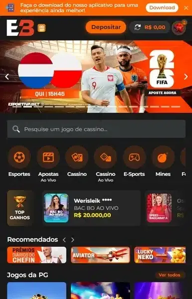 Captura de tela da p&aacute;gina inicial da Esportivabet