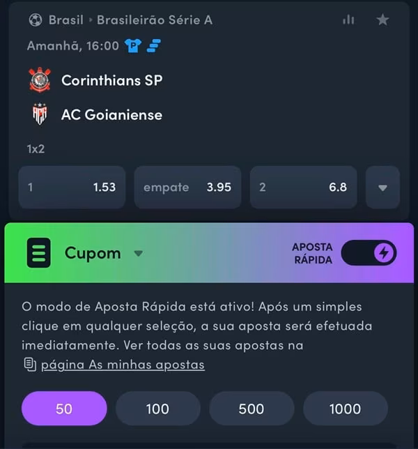 Captura de tela da plataforma de apostas Jonbet Brasil e o seu recurso de aposta r&aacute;pida ativado