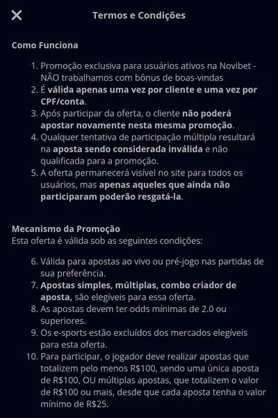 Captura de tela das regras da promo&ccedil;&atilde;o &ldquo;Aposte & Ganhe&rdquo; da Novibet