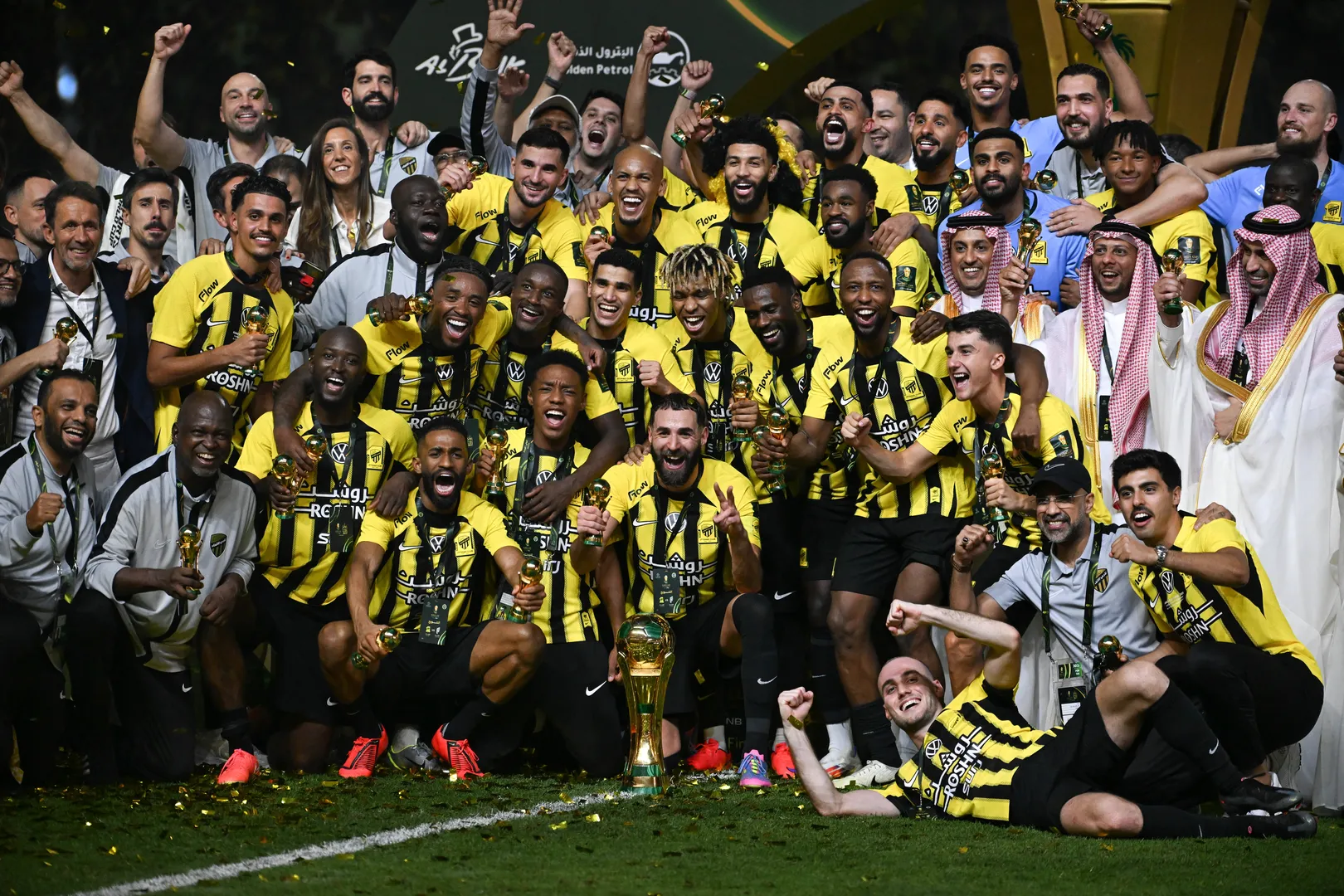 JEDDAH, SAUDI ARABIA &ndash; MAY 30: Ittihad s players celebrate with the championship trophy during the podium ceremony . dur