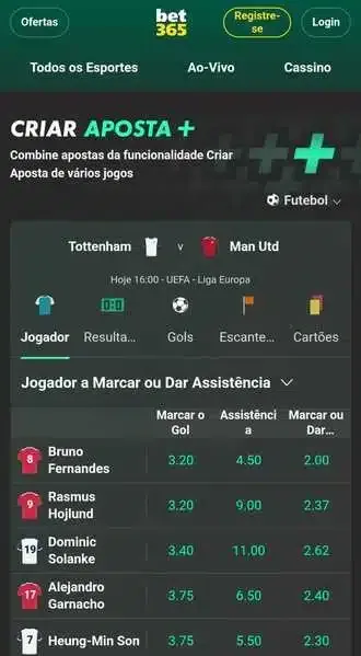 Captura de tela do site Bet365 com o recurso Criar Aposta +